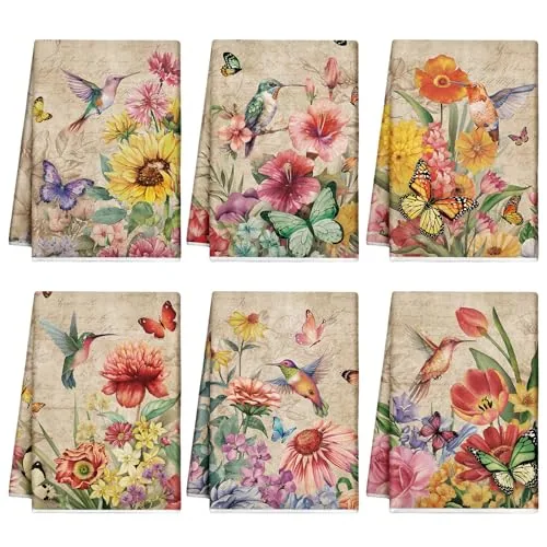 Vintage Flowers Kitchen Towels Hummingbirds, pack of 6