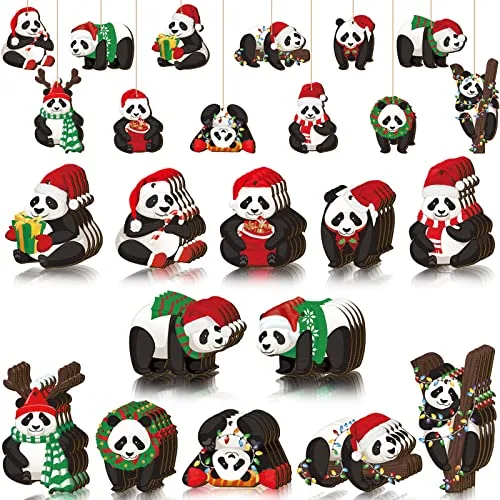 Panda Christmas Ornaments Wood Hanging, pack of 48