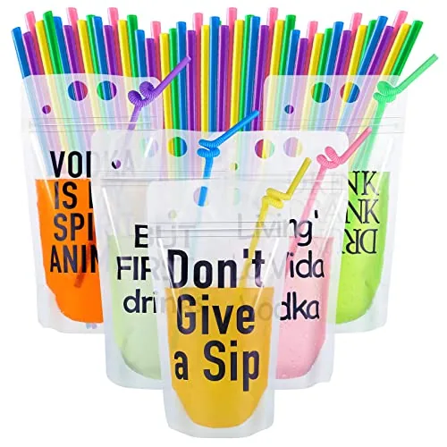 Party Drink Pouches Straws Plastic, pack of 20 sets, clear