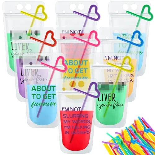 Drink Pouches Straws Alcohol Reusable, pack of 24 sets, bright
