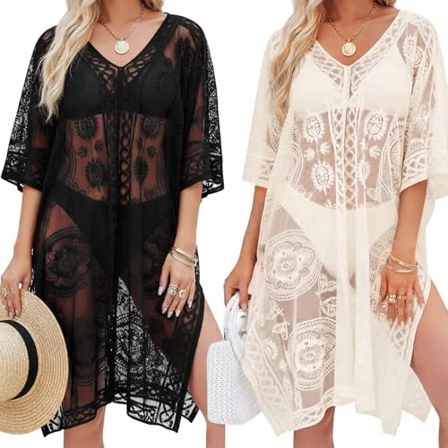 Lace Beach Cover Up V-neck, pack of 2, black