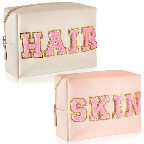 Preppy Patch Makeup Bag Chenille, pack of 2, white
