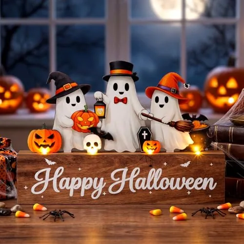 Halloween Table Lighted Wooden Ghost
