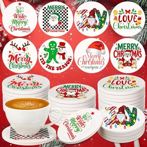 Christmas Coasters Drinks Ceramic Holiday, 4 in, pack of 24