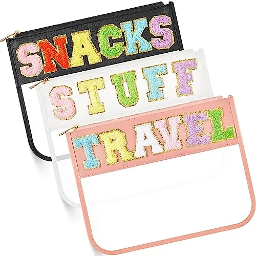 Chenille Letter Zipper Pouch Travel, pack of 3, clear
